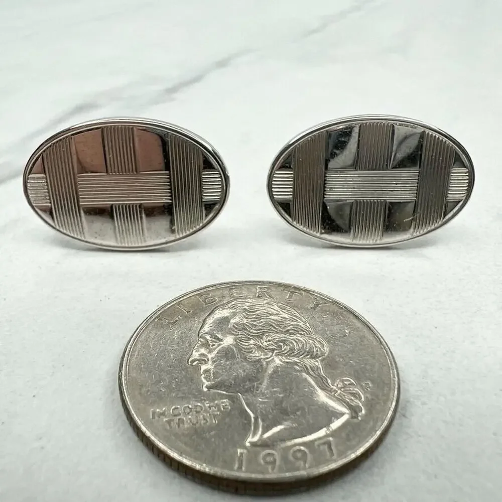 Silver Tone Oval Striped Cufflinks